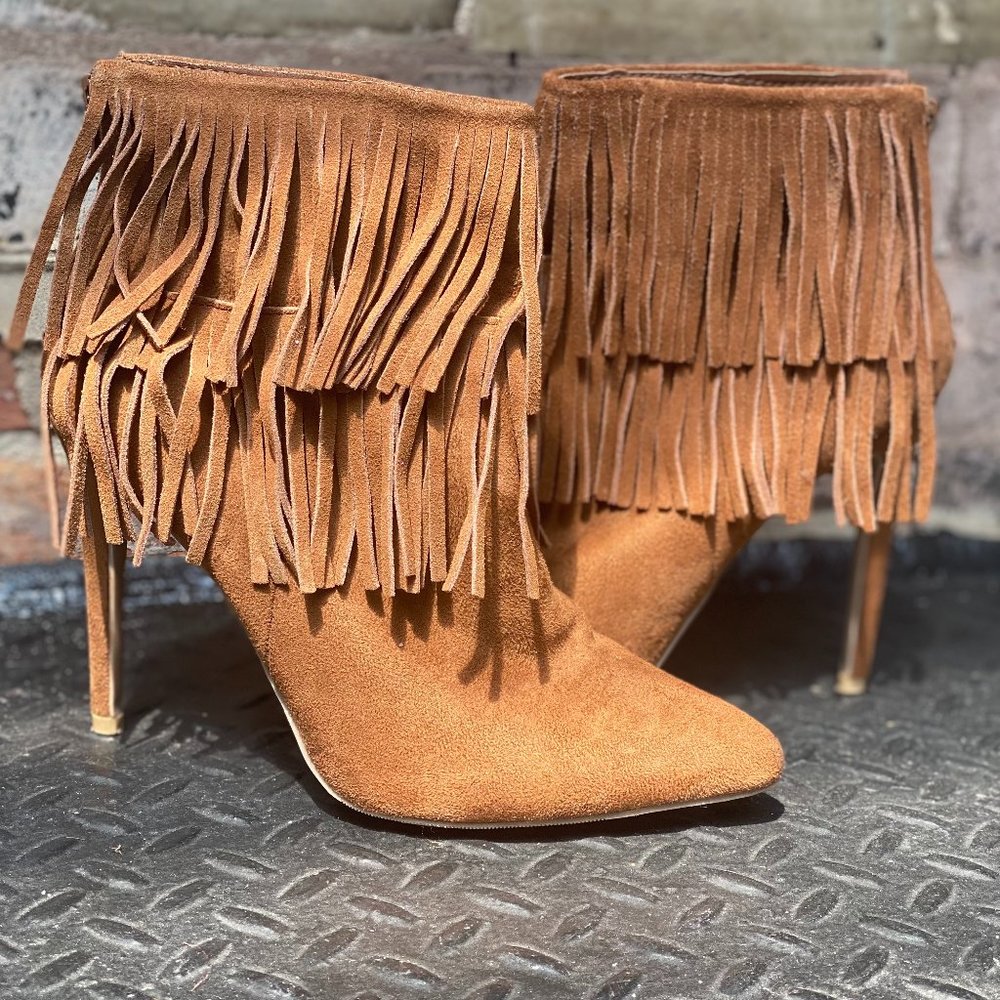 JustFab Ameelia Brown Fringe Pointed Toe Bootie